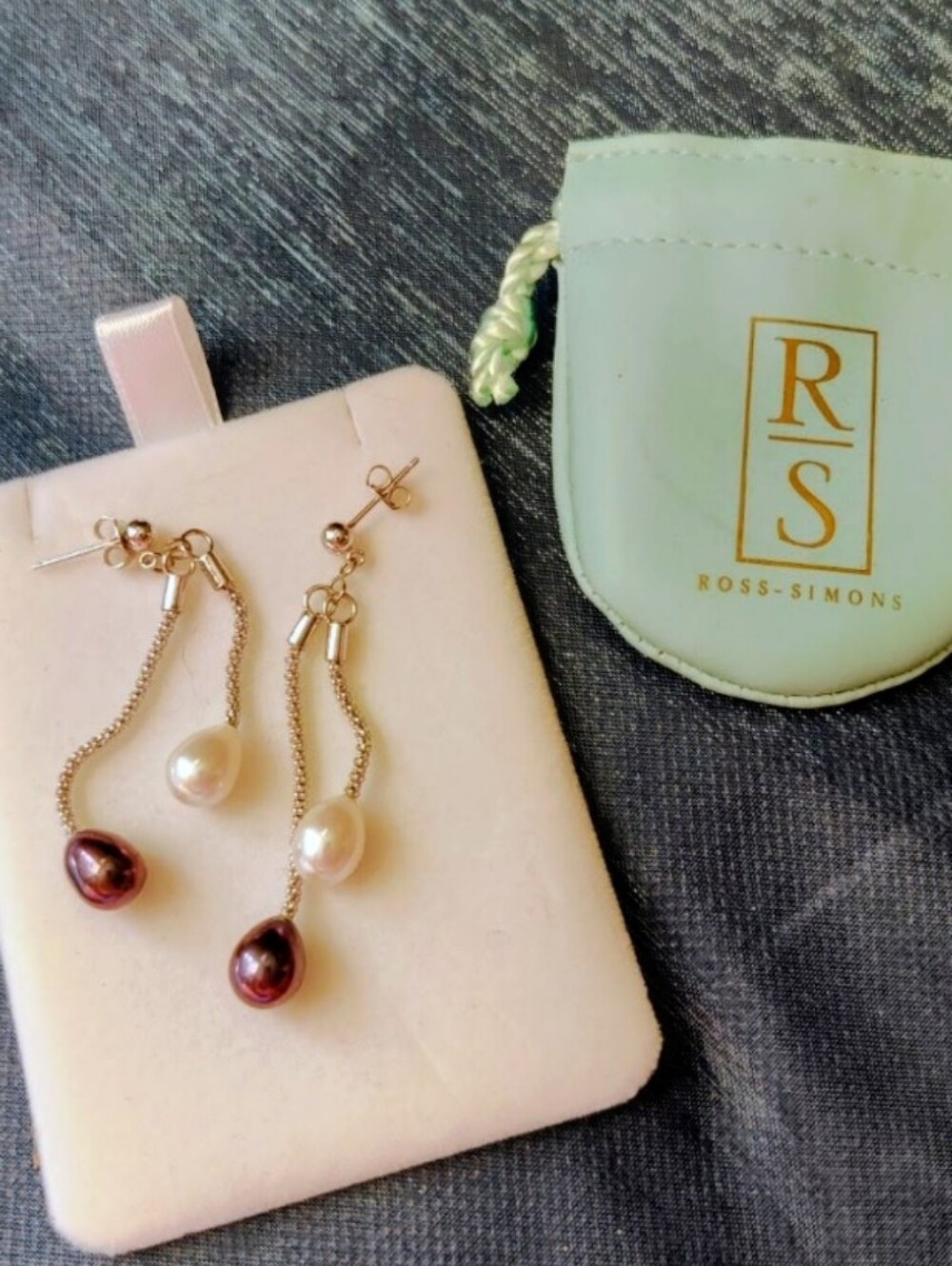 Rare Vtg Ross Simmons double drop 7.5-8.5mm cultured pearl earrings (Never worn) - Picture 5 of 5
